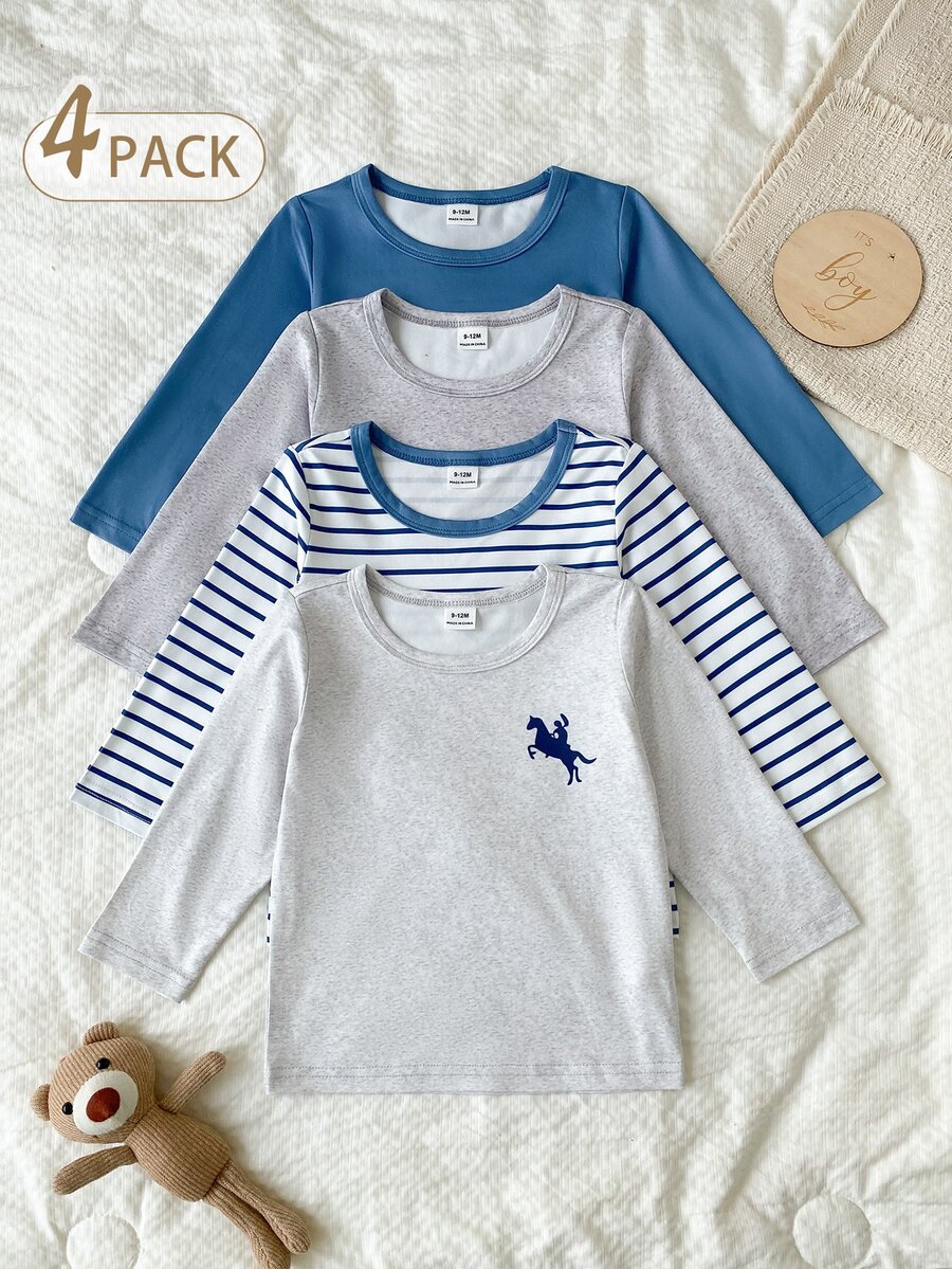 SHEIN Vintaside Kids 男嬰極簡圓領長袖上衣 4件組 - 彩色 - 查看 1