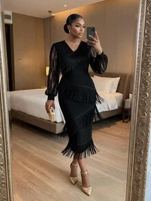 SHEIN Lady Plus Size Women's V-Neck Lace Patchwork Tassel Design Casual Party Dress - Black - View 5