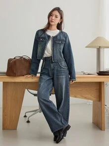 DAZY Women's Open Front Long Sleeve Jacket And Pants Casual Daily Denim Set - Medium Wash - View 4