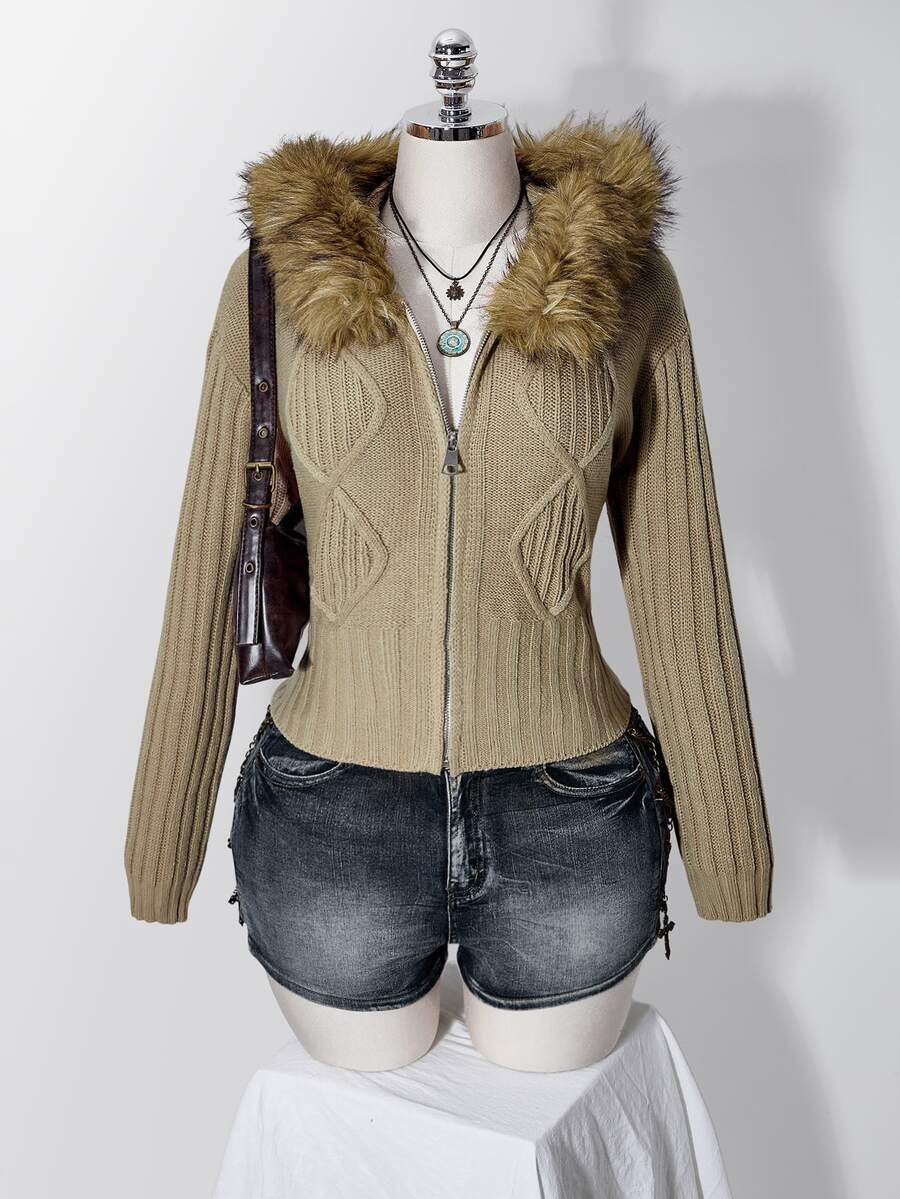 SHEIN ICON Women's Plus Size Zipper Faux Fur Hooded Knit Sweater - Khaki - View 1