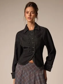 Athîral Denim Women's Fashion Double-Breasted Long Sleeve Denim Jacket - Black - View 1