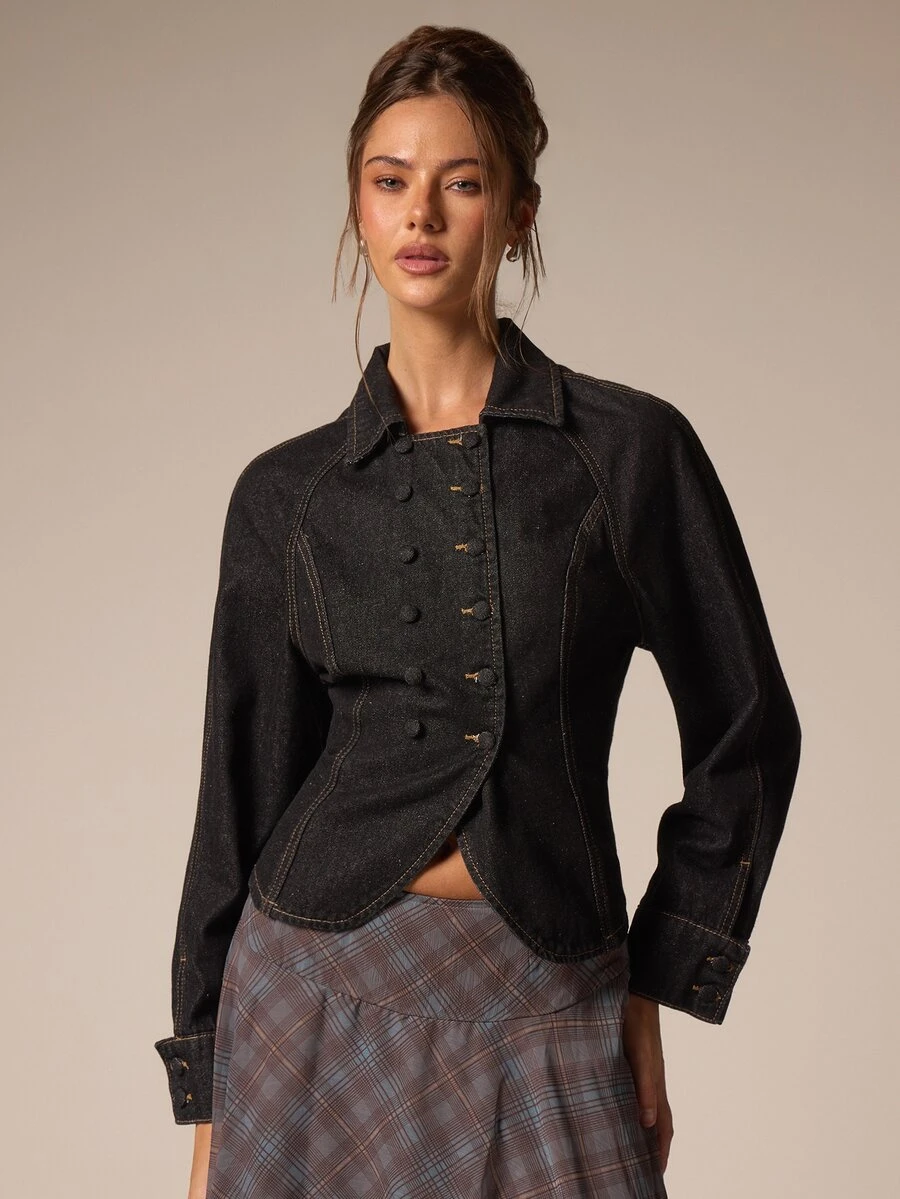 Athîral Denim Women's Fashion Double-Breasted Long Sleeve Denim Jacket - Black - View 1