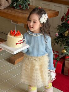 DAZY Infant (Girl) Long Sleeve Korean Style Color Block Bud Collar Autumn/Winter Sweater - Baby Blue - View 4
