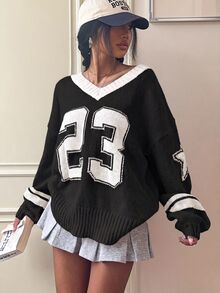 SHEIN 青少年女孩休閒舒適數字圖案V領寬鬆針織毛衣，秋冬毛衣，數字圖案毛衣，學院風母女套裝 - 黑色 - 查看 6