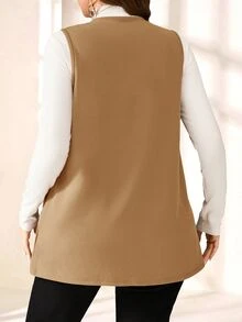 SHEIN PETITE CURVE 大尺碼純色無袖寬鬆口袋簡約休閒外套，春夏穿搭，秋冬度假款 - 駝色 - 查看 2