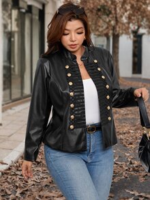 Chikora Plus Size Women's PU Leather Long Sleeve Button Design Napoleon Jacket - Brown - View 6