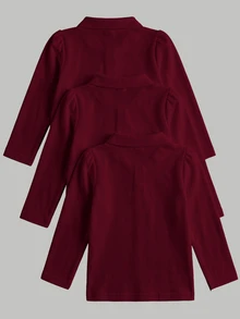 Elladie kids 女童白色3件組長袖 Polo 衫，精緻愛心鈕扣，長袖 T 恤，基本純色修身 T 恤，適合返校季 - 酒紅色 - 查看 2