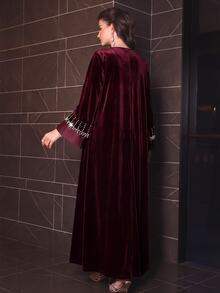 Al Najma Women's Autumn Winter VNeck Beaded Burgundy Velvet Elegant Dress Velvet Burgundy Vintage Fall/Winter Christmas New Year - Burgundy - View 2