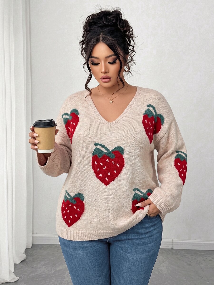 Elenzga Plus Size Autumn/Winter V-Neck Strawberry Jacquard Pullover Sweater, Loose Fit, Flattering, Soft Knit Top - Apricot - View 1