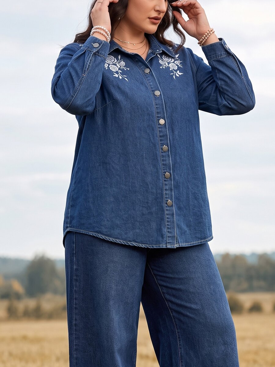 EMERY ROSE Winter Vintage Loose Fit Button Down Embroidered Denim Dark Blue Commute Office Warm Plus Size Denim Top For Women - Dark Wash - View 1