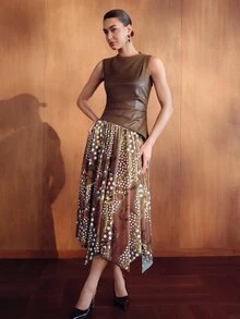 MOTF PREMIUM WOMEN'S PATCHWORK POLKA DOT CHAIN PATTERN 2 IN 1 SLEEVELESS DRESS - Coffee Brown - View 6