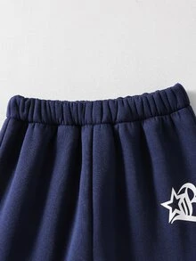 SHEIN 2件組男孩運動衫套裝，海軍藍與白色拼接，印花運動衫套裝，簡約時尚休閒，適合戶外與室內穿著 - 藍色 - 查看 6