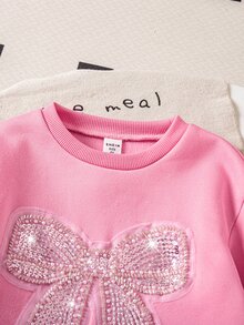 SHEIN 女童針織純色圓領亮片蝴蝶結寬鬆休閒衛衣與長褲兩件套 - 粉色 - 查看 7