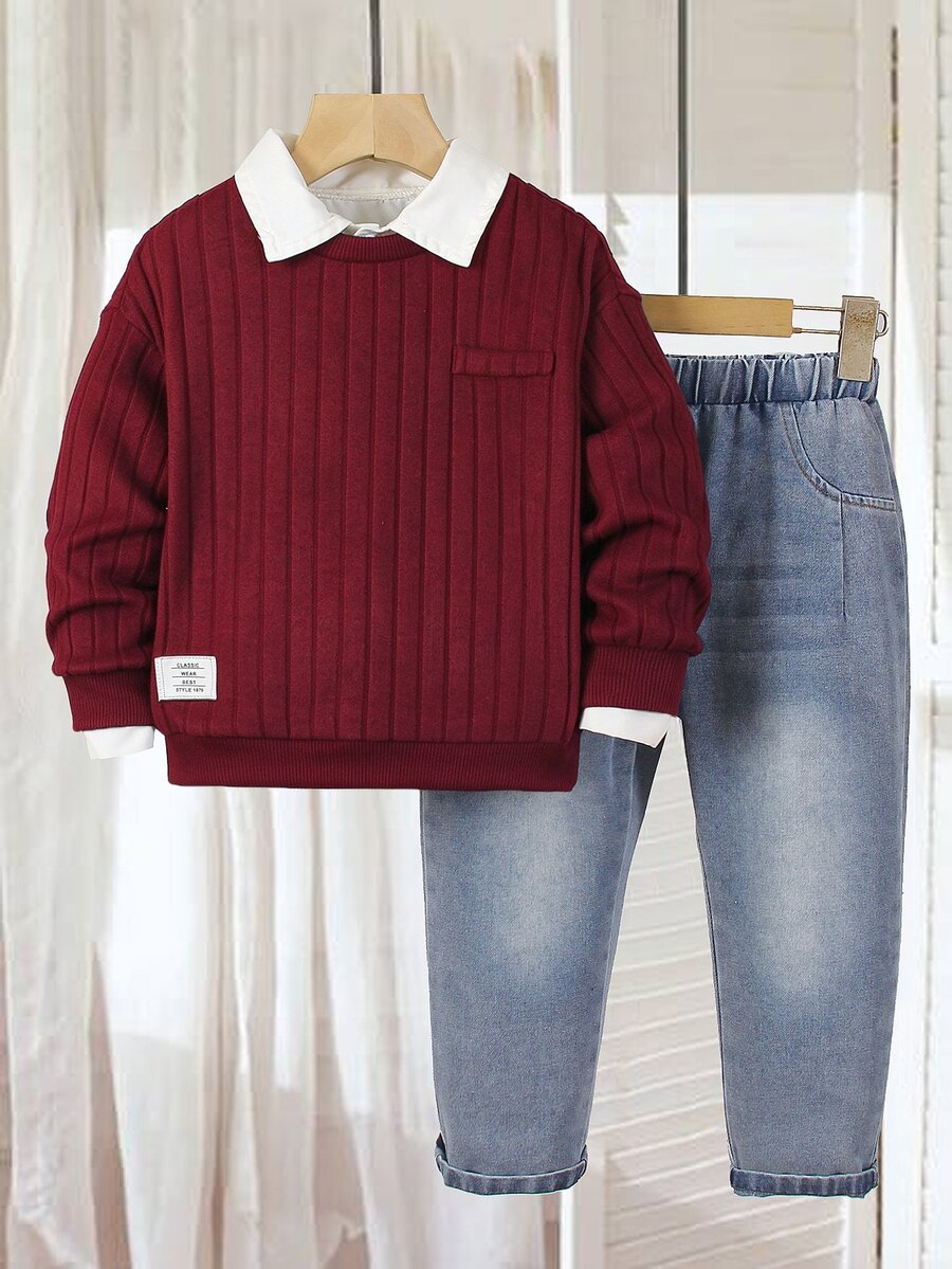 Genkimix Kids 冬季返校職業日男孩海軍藍針織羅紋圓領長袖上衣配假口袋與水洗做舊牛仔褲學院風2件套 - 酒紅色 - 查看 1