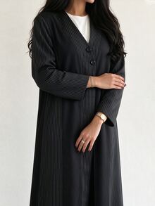 Yasmyna Contrast Color Fine Vertical Stripe Patchwork V-Neck Front Button Long Sleeve Long Arabic Robe Outerwear - Black - View 7