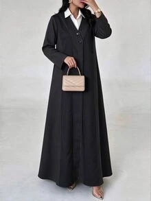 Yasmyna Contrast Color Fine Vertical Stripe Patchwork V-Neck Front Button Long Sleeve Long Arabic Robe Outerwear - Black - View 1