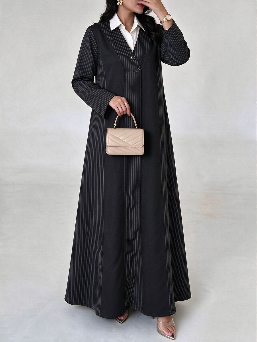Yasmyna Contrast Color Fine Vertical Stripe Patchwork V-Neck Front Button Long Sleeve Long Arabic Robe Outerwear - Black - View 1