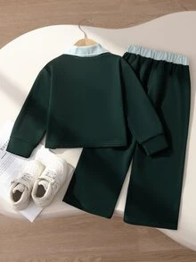 SHEIN Elladie kids 女童長袖T恤套裝，秋季新款，秋季、假期、返校季，海軍藍學院風對比色海豹蝴蝶結翻領運動衫 - 墨綠色 - 查看 2
