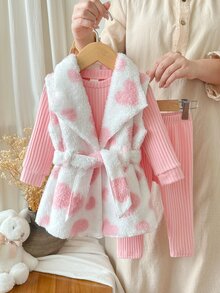 Setelan Bayi Perempuan 3 Potong Motif Hati Kotak-kotak Sherpa Fleece dengan Sabuk, Atasan Rajut Bergaris & Legging, Pakaian Hangat Musim Gugur dan Musim Dingin - Berwarna merah muda - View 4