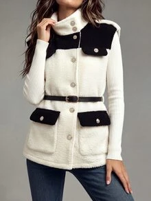 Yalmera Women's Autumn Colorblock Single-Breasted Utility Pocket Casual Vest Jacket - Multicolor - View 7