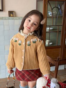 DAZY Infant/Toddler (Girl) Autumn/Winter Long Sleeve Colorblock 3D Korean Style Versatile Cardigan - Khaki - View 4