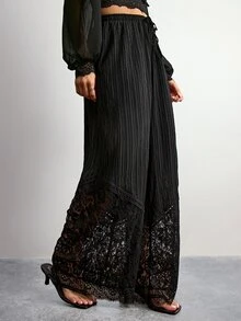 Willow Rêve Women's Black Lace Hem Loose Long Pants - Black - View 7