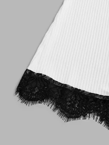 Velvienne French Style Long Sleeve Ribbed Knit V-Neck Black Eyelash Lace Loose Lazy Gentle Home Daily Commute Plus Size Dress Fall - White - View 3