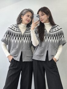 FRIFUL Women's Autumn/Winter Geometric Pattern Zipper Front Hooded Knit Vest - Grey - View 1