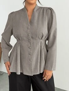 Firerie Slimming Pleated-Waist Shirt / Elegant Plus-Size Long-Sleeve Grey Workwear Top / Button-Front / Blazer-Style - Grey - View 7