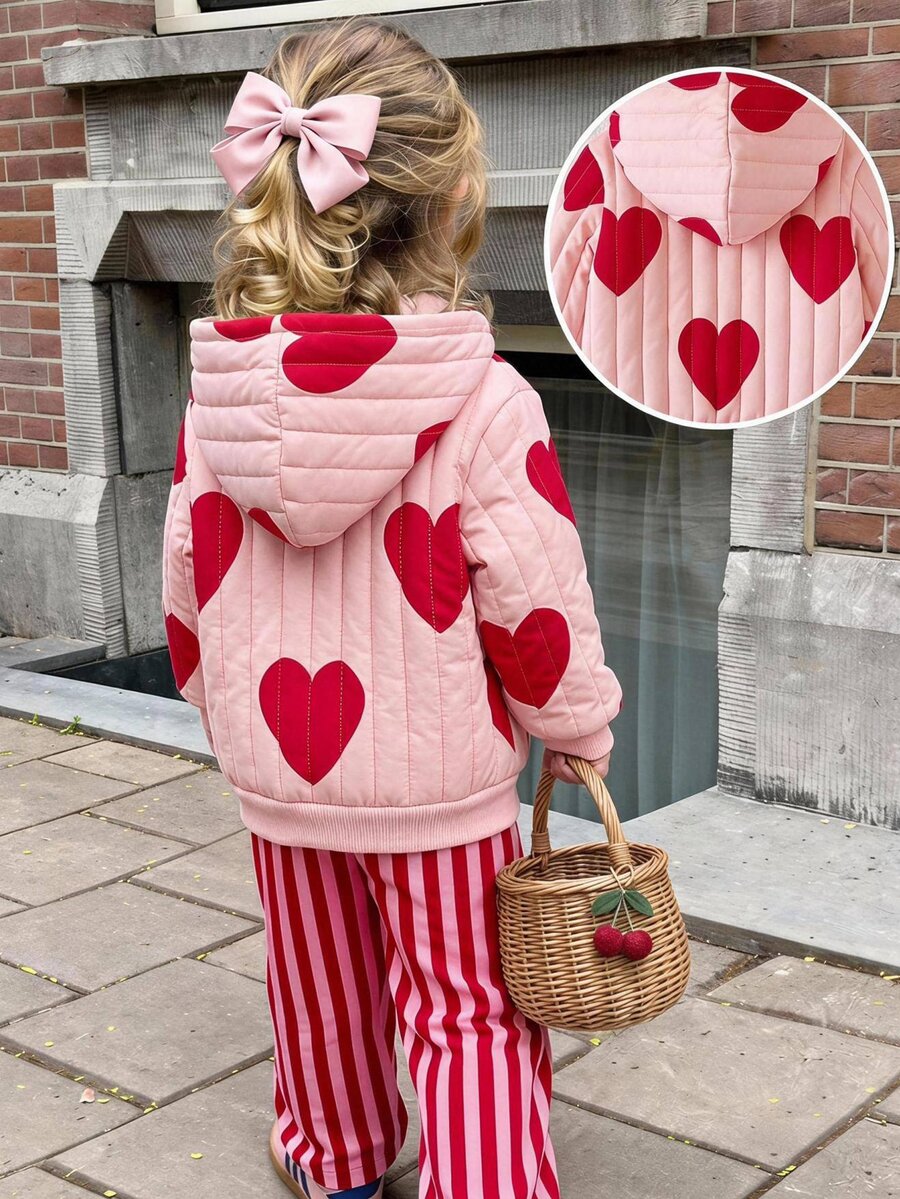 SHEIN Baby Girl Casual Solid Color Cute Heart Pattern Fuzzy Hooded Winter Jacket - Pink - View 1