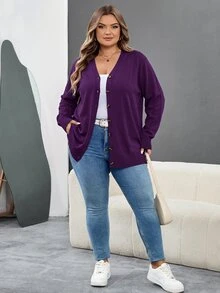 SHEIN CURVE+ 大尺碼黑色冬季休閒日常針織開襟衫 8XL，女裝 6XL 5XL XXL 哥德風萬聖節服裝，蜘蛛網印花秋季透視緊身褲 - 紫色 - 查看 5