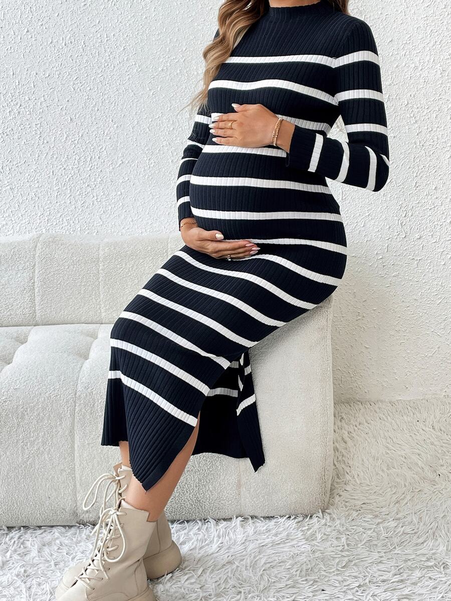 SHEIN Maternity Striped Print Casual Long Sleeve Sweater Dress, For Winter - Royal Blue - View 1