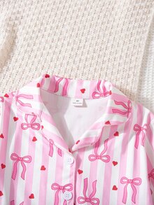 SHEIN 女童可愛休閒針織粉色蝴蝶結圖案長袖居家服套裝 - 粉色 - 查看 4