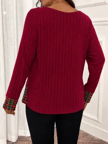 SHEIN LUNE CURVE 大尺碼羅紋格紋拼接鈕扣時尚T恤 - 紅色 - 查看 2