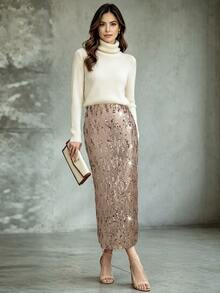 Balvessa Women's Solid Color Elegant Party Occasion Sequin Skirt - Gold - View 3
