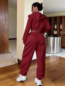 SHEIN EZwear 女款休閒粉色連帽衛衣與運動長褲兩件式居家服套裝 - 酒紅色 - 查看 2
