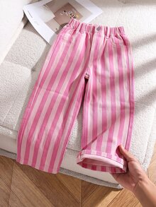 SHEIN Playful Pals Girls' Denim Jeans, All-Season New Style, Cute Vintage Pink Denim, Elastic Waistband Design, Pink And Magenta Colorblock Striped All-Over Print, Straight Leg Wide Leg Fit, Fashionable Versatile, Soft And Comfortable Fabric, Suitable For Daily Wear, Gatherings And Other Occasions, All-Season New Girls' Denim Jeans - Pink - View 1