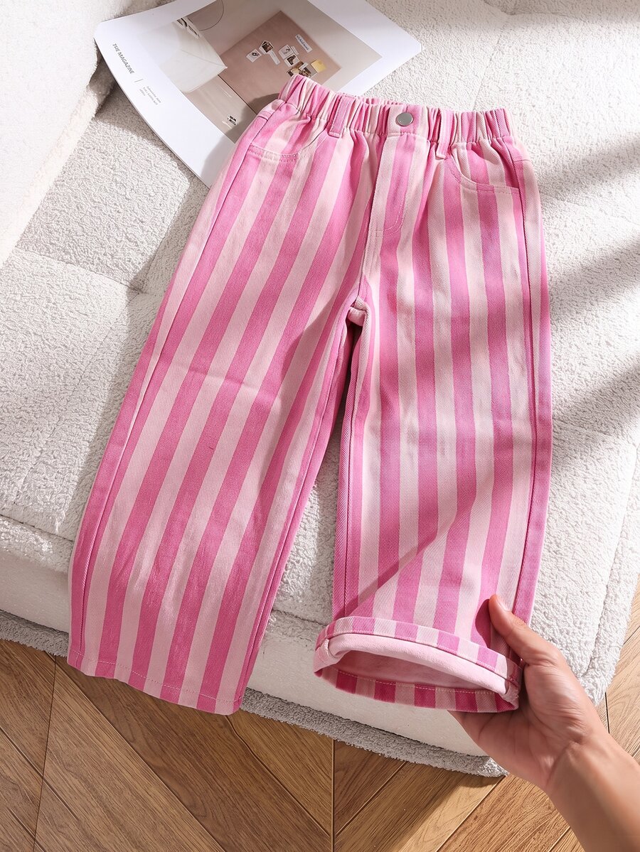 SHEIN Playful Pals Girls' Denim Jeans, All-Season New Style, Cute Vintage Pink Denim, Elastic Waistband Design, Pink And Magenta Colorblock Striped All-Over Print, Straight Leg Wide Leg Fit, Fashionable Versatile, Soft And Comfortable Fabric, Suitable For Daily Wear, Gatherings And Other Occasions, All-Season New Girls' Denim Jeans - Pink - View 1