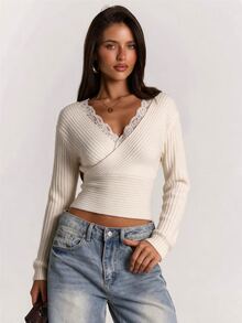 SHEIN BAE 女款時尚蕾絲飾邊套頭毛衣 - 杏色 - 查看 8
