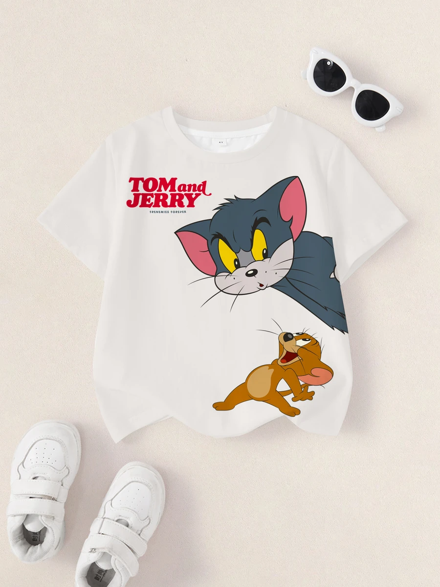 TOM & JERRY X SHEIN 新生兒字母卡通印花圓領短袖休閒T恤 - 白色 - 查看 1