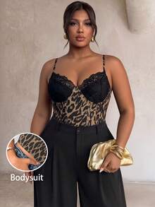 Firerie Plus Size Sexy Lace Patchwork Leopard Print Bodysuit - Multicolor - View 2