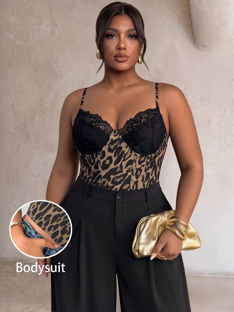 Firerie Plus Size Sexy Lace Patchwork Leopard Print Bodysuit