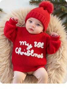 SHEIN Newborn Baby Letter Pattern Casual Daily Long Sleeve Sweater - Red - View 1