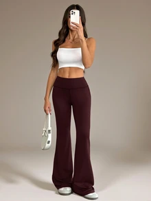 SHEIN Tall 女款高腰彈性瑜伽褲，修身健身緊身褲 深褐色休閒運動風，適合高個子女性健身房秋季穿著 - 紫紅色 - 查看 7