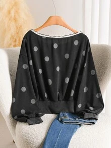 Story & Sage Women's Korean Style Polka Dot Print Asymmetrical Shoulder Ruffle Sweatshirt - Black - View 2
