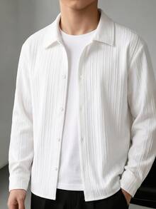 SHEIN 兒童青少年男孩休閒舒適白色長袖襯衫，翻領鈕扣開襟寬鬆基本款，適合學校、日常穿著、休閒、大學、旅行、運動，適用秋冬季 - 白色 - 查看 5