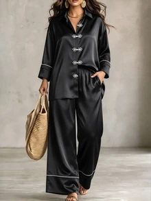 Linhara CURVE Women's Fashion Casual Long Sleeve Lapel Contrast Color Frog Button Satin Blouse And Elastic Waist Wide Leg Pants 2 Pieces Set, Suitable For Daily Commute And Outing Wear - Black - View 1