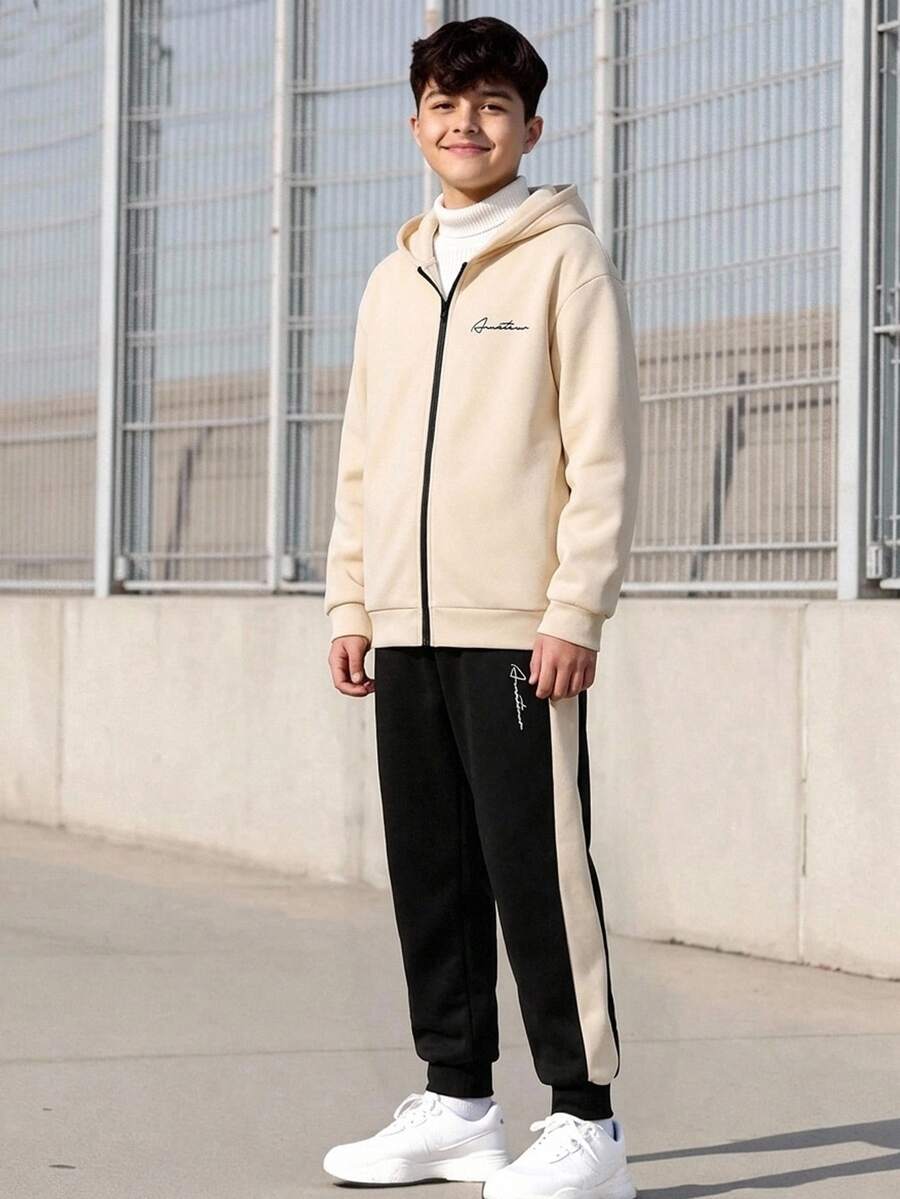 兒童青少年男孩休閒運動字母印花寬鬆版型全開襟立領杏色運動外套與黑色慢跑長褲2件套，適合秋冬休閒運動風格 - 杏色 - 查看 1