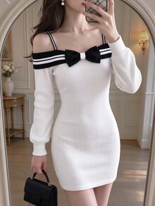 Cévolie Contrast Stripe Big Bow Decor Cold Shoulder Long Sleeve Fitted Bodycon Dress - Beige - View 4