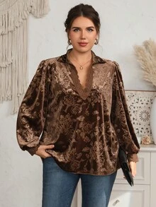 EMERY ROSE Plus Size Women's Autumn/Winter Party Casual Vacation Deep Brown Floral Print Velvet Lace Trim Patchwork Cute Blouse Shirt Top,Fall, Country - Chocolate Brown - View 5